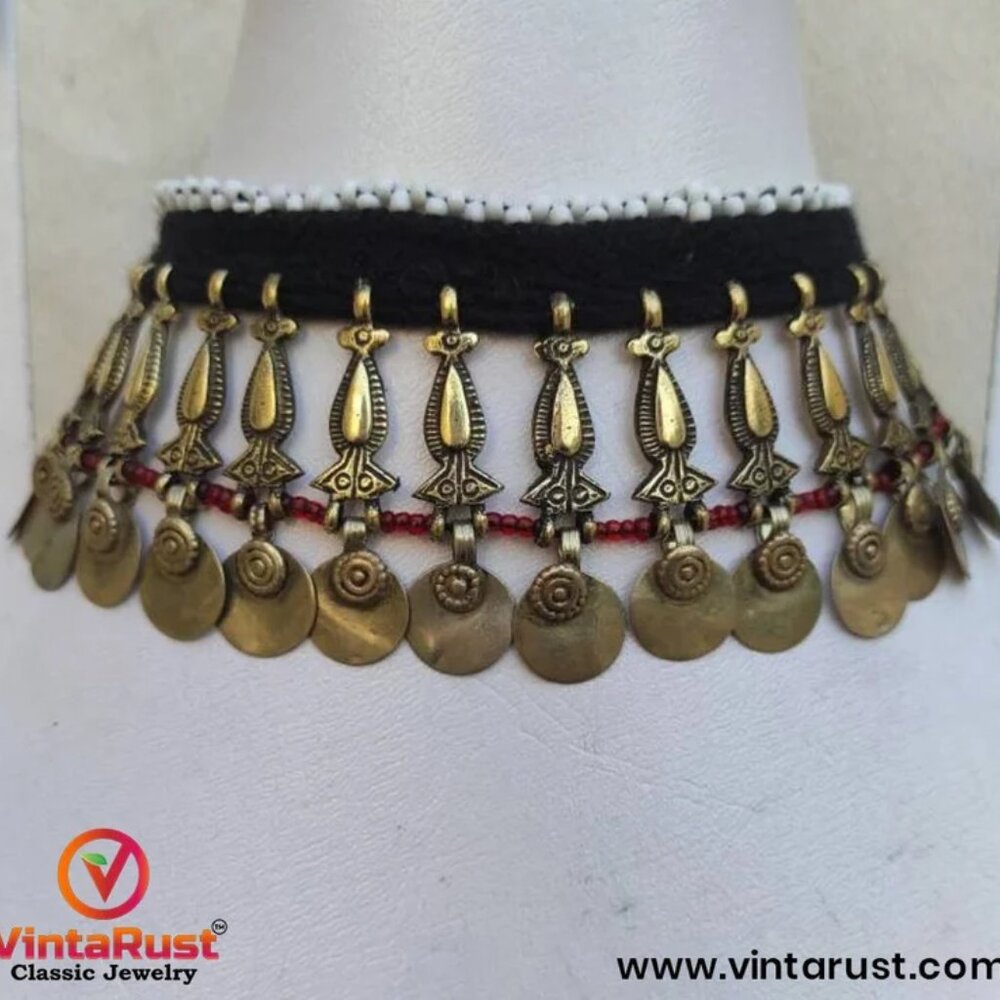 Vintage Afghan Tribal Bib Necklace: Boho Coin Choker